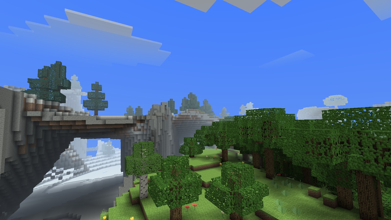 Forested hills and stone cliffs in Anarchy's Overworld
